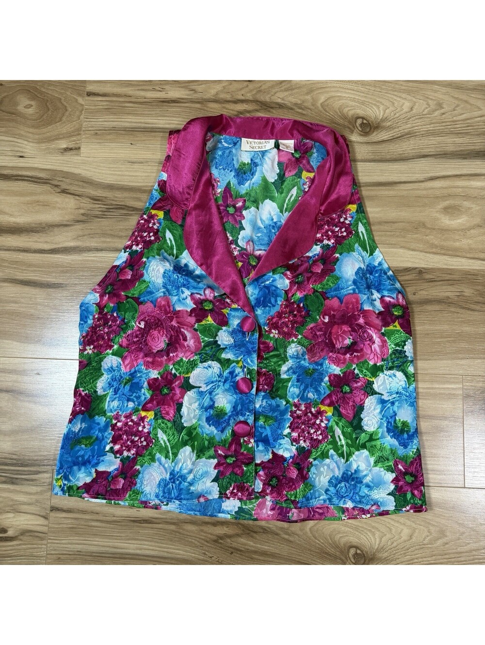 Vintage Victoria's Secret Floral Satin Vest Button Front M Gold Label 90s